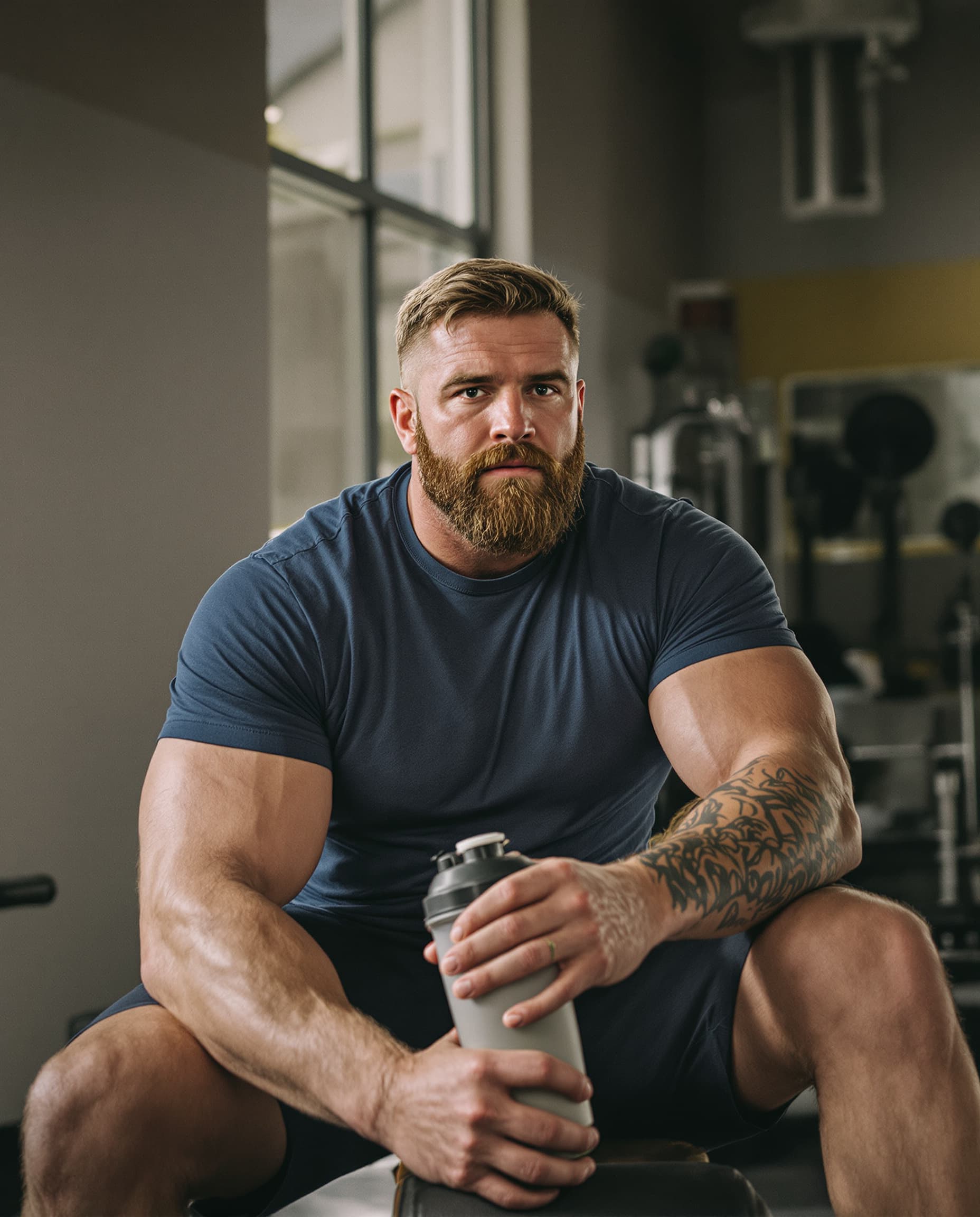 Powerlifter seated on a gym bench holding a shaker bottle