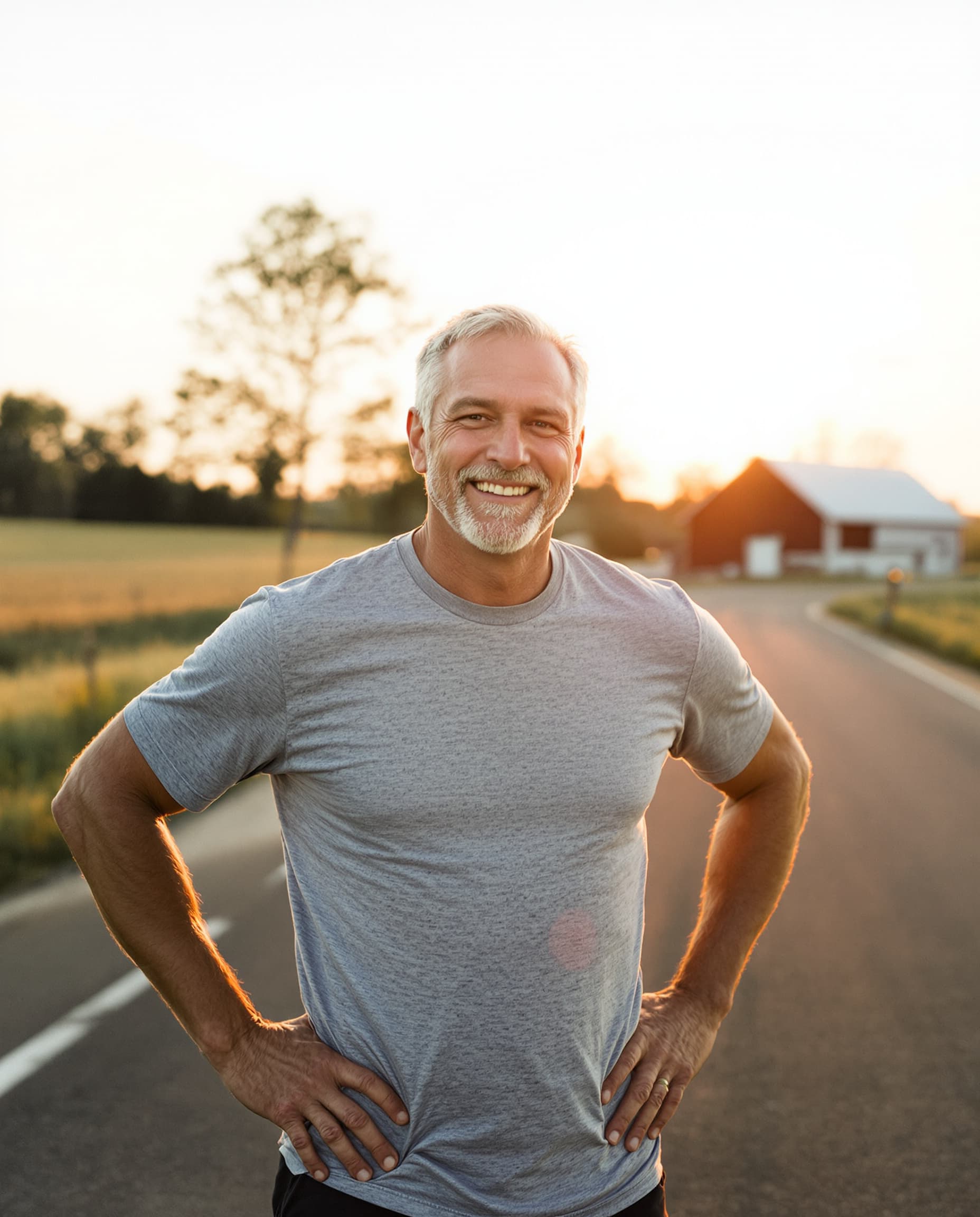 Veteran runner standing on a country road at sunrise