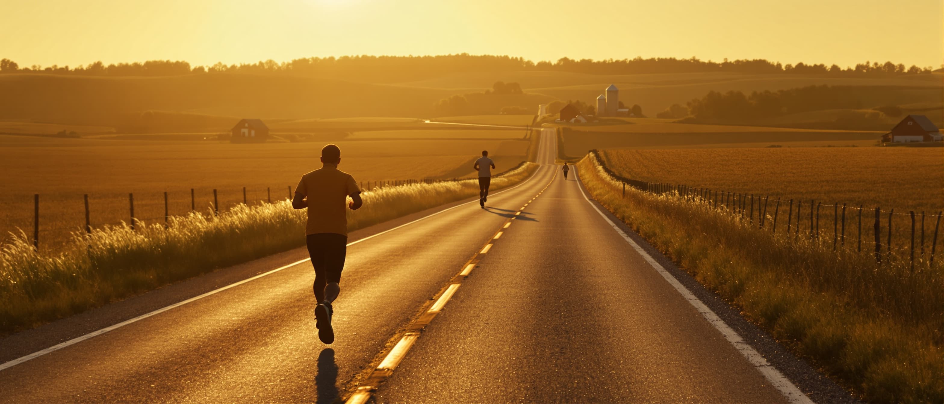 Two runners on an American country road at sunrise