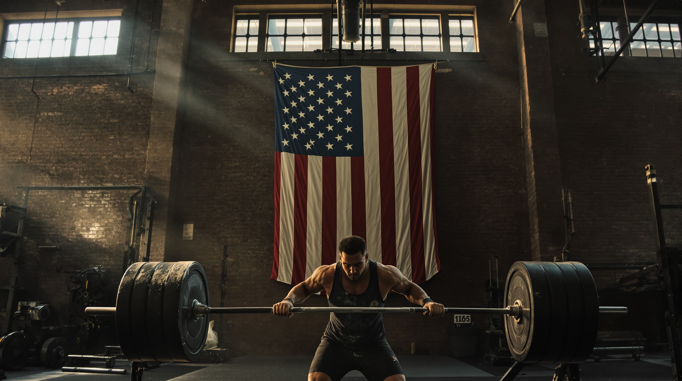 Athlete setting up a heavy deadlift beneath an American flag in an industrial gym at dawn