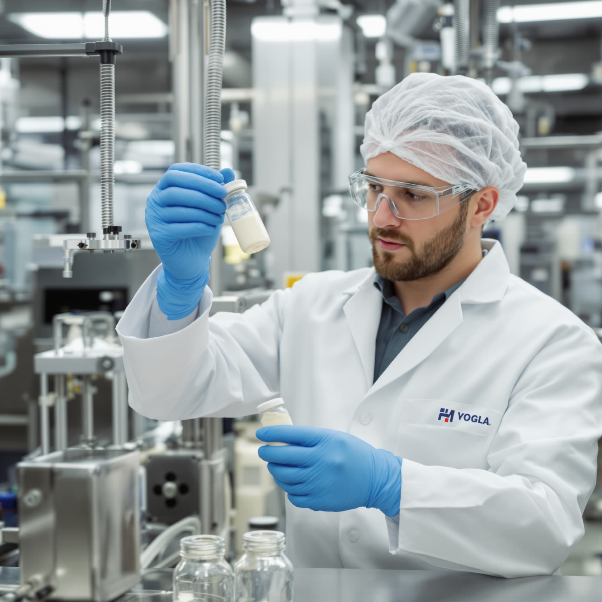 Lab technician inspecting a sample vial in a quality-control laboratory